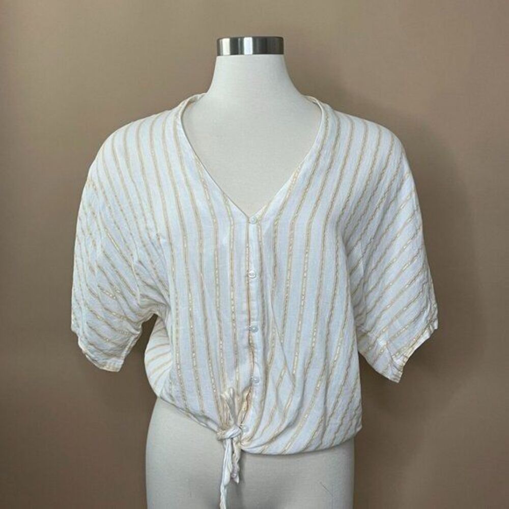K.I.T Cream & Peach Stripped Front Tie Blouse Women's Size M
